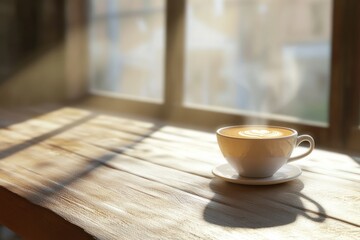 Steaming Cup of Latte on a Wooden Table by a Window