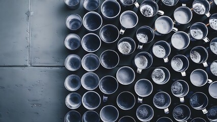 Close up view of arranged mugs of beer on grey background
