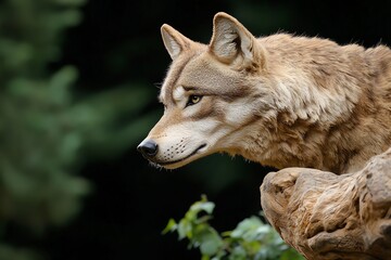 Obraz premium A majestic wolf gazing intently, showcasing its rich fur texture and sharp features in a natural setting.