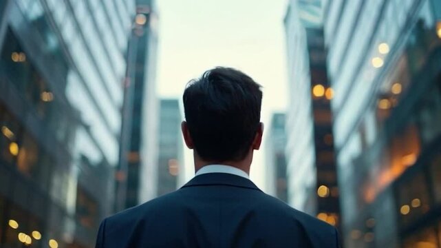 rear view young male entreprenuer suit looking at skyscrapers urban twilight success inspiration motivation business ceo smooth zoom in camera movement video