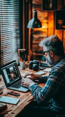 Obraz premium A creative professional working on a laptop in a cozy, well-lit workspace, surrounded by photography gear and a vibrant atmosphere.