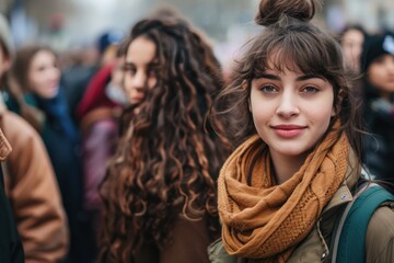 Fototapeta premium A confident, beautiful young woman stands smiling happily among a crowd celebrating International Women's Day in an open-air park.