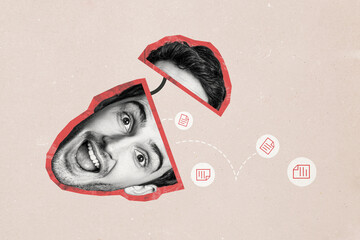 Composite photo collage of astonished man face cut head delete data folder information business...
