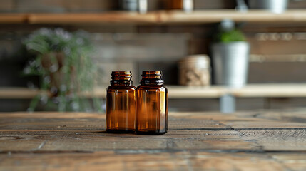 Two amber glass bottles on a wooden table, with shelves and plants in the background.