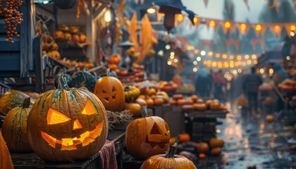 Fototapeta premium Festive Halloween market with pumpkins, jack-o'-lanterns, and lights. Autumn decor and seasonal ambiance in a cozy outdoor setting.
