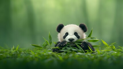 Fototapeta premium A cute panda enjoying bamboo in a serene forest setting, showcasing its playful nature and charming appearance.
