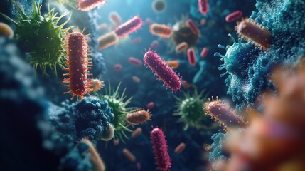 Naklejka premium 3D illustration of pathogenic microbes, including harmful bacteria and viruses, with space left for text overlay.