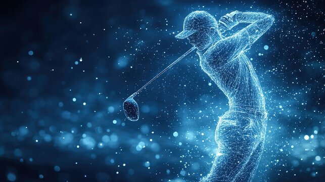 Wireframe hologram of an action shot silhouette of a golf player, swinging his club in the air with a particles flying around. Symbolizing technology or a futuristic sports concept. - Powered by Adobe