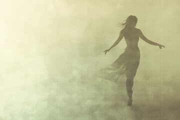 Ethereal Woman Dancing Silhouette in Misty Atmosphere - Mysterious Graceful Movement Concept.