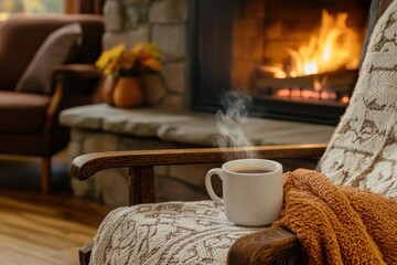 A steaming cup of coffee on a cozy chair in front of a fireplace