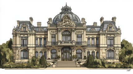 Obraz premium A detailed architectural illustration of an ornate mansion with a grand facade and gardens.