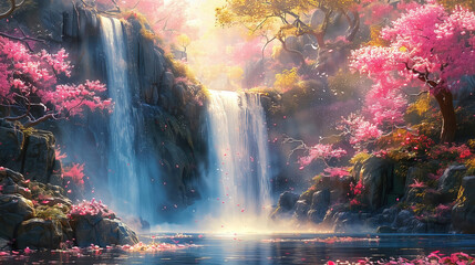 Waterfalls and flowers, beautiful landscape, magical and idyllic background with many flowers in Eden.