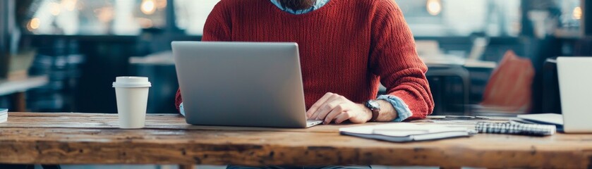 A focused individual working on a laptop in a modern cafe, surrounded by coffee and notebooks.
