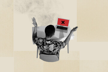 Creative collage picture young man clueless worker job remote project laptop crossed sign helpless...