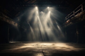 Fototapeta premium Abandoned room with spotlights shining down and dust in the air grunge style