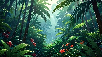 Beautiful jungle with red flowers illuminated by the sun, Wallpaper Design, Poster