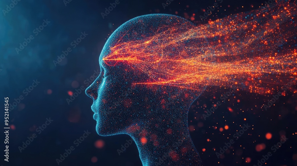 Poster abstract representation of a human head with data flowing through it, symbolizing digital transforma