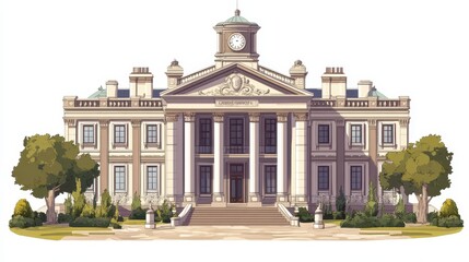 Fototapeta premium A grand architectural building with a clock tower and landscaped surroundings.