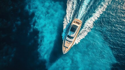 Aerial view of a luxury yacht sailing through vibrant turquoise ocean, deep blue sea, crystal clear...