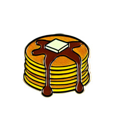 A detailed enamel pin featuring a stack of pancakes topped with syrup and butter. The pancakes are depicted with a golden-brown texture, dripping with syrup. Isolated on transparent background, PNG.