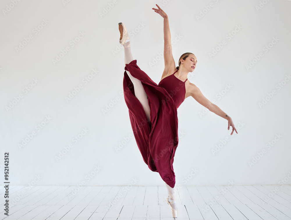 Wall mural Woman, ballet and stretch performance in studio, learning dance and practice rehearsal in elegant dress. Person, dancer and strong athlete for balance, theatre training and creative artistic movement