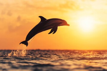 Naklejka premium A graceful dolphin leaps joyfully over the waves during a stunning sunset, creating a magical moment in nature.