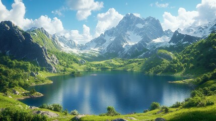 Fototapeta premium Gorgeous tropical destination with crystal waters and majestic mountain scenery wallpaper