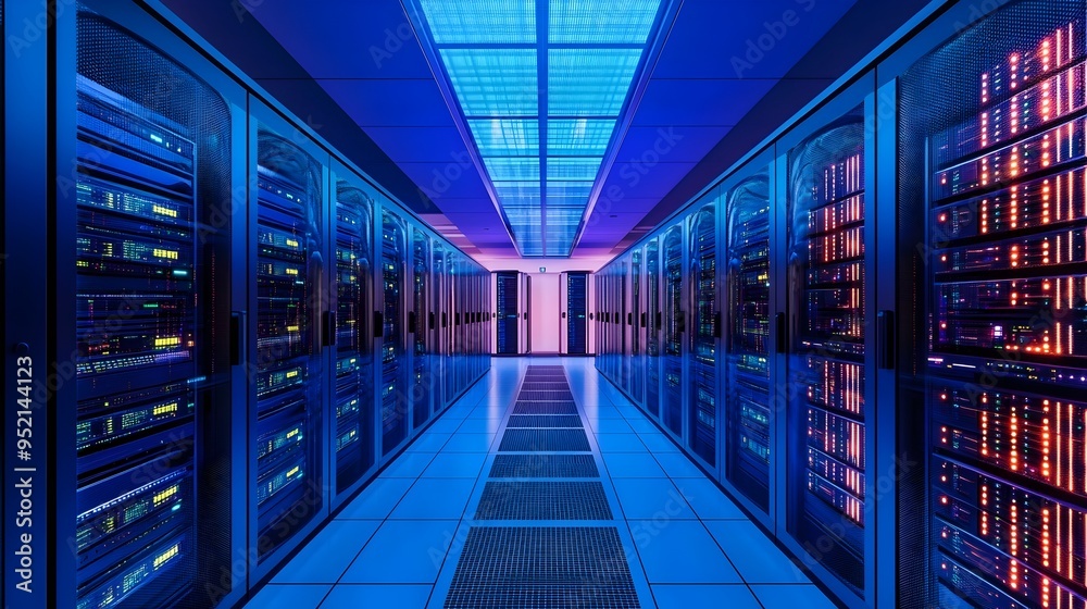 Poster a photograph showcasing a data center setup with various network security appliances including serve