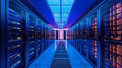 A photograph showcasing a data center setup with various network security appliances including servers firewalls routers and switches