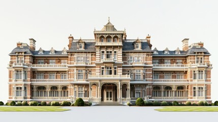 Fototapeta premium A grand architectural mansion with detailed brickwork and multiple balconies.
