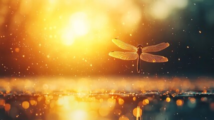 Naklejka premium A graceful dragonfly hovers in the golden light, surrounded by shimmering droplets, capturing the essence of nature's beauty.