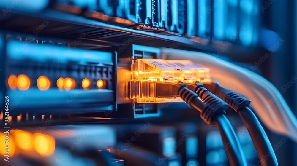 Poster neatly organized and optimized network cabling management systems in a modern efficient data center 