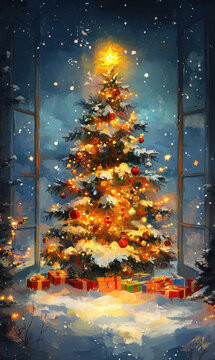 Professional retro vintage postcard illustration painting with a traditional Christmas decoration and colorful creative Christmas theme