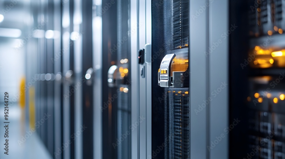 Poster secure and reliable data center with locking mechanisms on server racks ensuring protection and safe