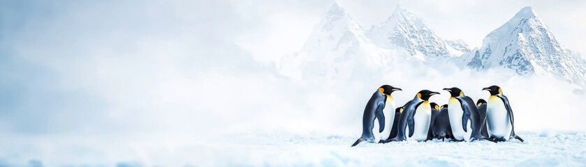 Fototapeta premium A group of penguins huddled together against a snowy backdrop, showcasing the beauty of wildlife in a frozen landscape.
