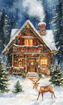 Professional retro vintage postcard illustration painting with a traditional Christmas decoration and colorful creative Christmas theme