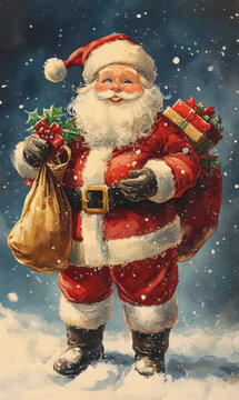 Professional retro vintage postcard illustration painting with a traditional Christmas decoration and colorful creative Christmas theme