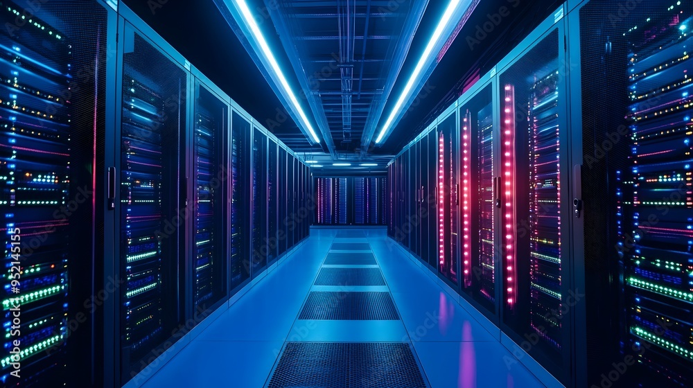 Poster encrypted data hardware and security technology installed in a modern data center facility the image