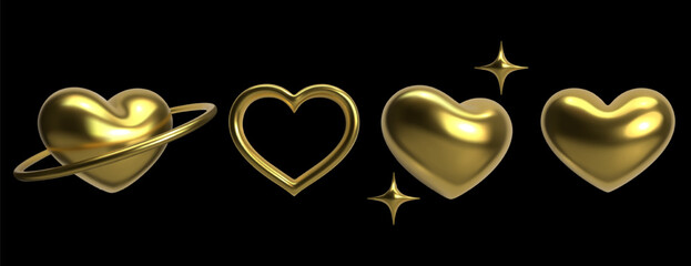 3D gold heart shapes with shiny metallic effect. Inflated, hollow, and ringed heart designs with golden stars for love romantic, luxury, and decorative projects, perfect for Valentine's Day themes