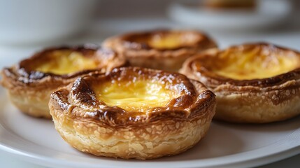 Freshly baked pastry, golden brown crust, creamy custard filling, Portuguese egg tart, flaky layers, caramelized top, soft and gooey center, mouth-watering dessert, food photography.