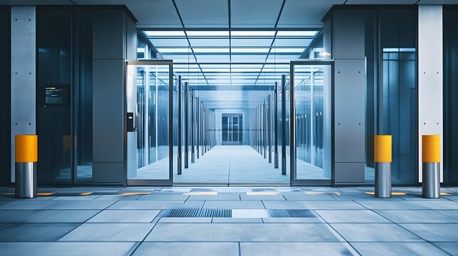 Photograph of a data center facility with physical security barriers fences and access control measures in place to protect the critical infrastructure and restricted areas