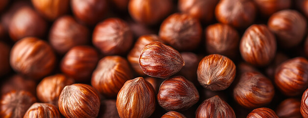 Fototapeta premium macro closeup flat lay food background photo of hazelnuts with blank text space at side