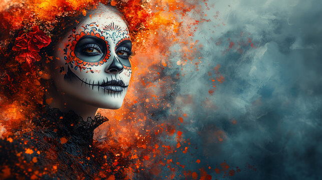 Feast of Dia de los Muertos. Katrina's Watercolor Sugar Skull Makeup - Day of the Dead Artwork. Abstract Art Illustration