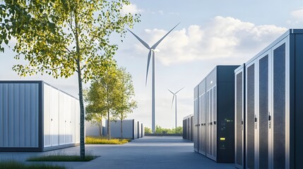 Obraz premium Sustainable Data Center Powered by Renewable Wind Energy A modern and efficient facility harnessing clean electricity from wind turbines to power its digital infrastructure