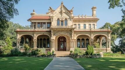 A grand historic mansion with ornate architecture and lush landscaping.
