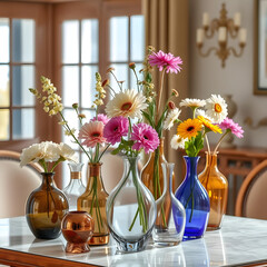 Colorful floral arrangement in various vases on a dining table indoors