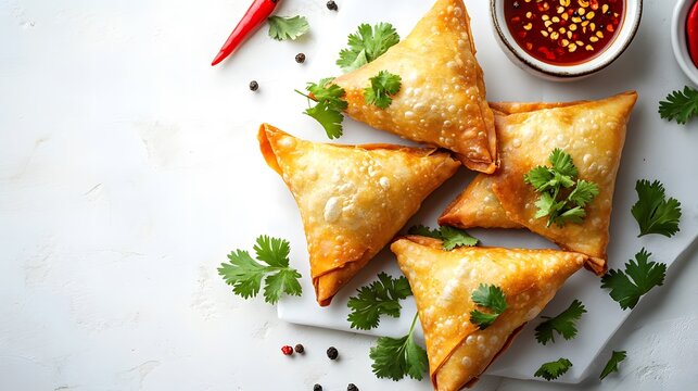 Golden crispy samosas on white marble countertop, top view, Indian appetizers, flaky pastry, spicy filling, garnished with fresh cilantro leaves, red chili pepper, food photography.