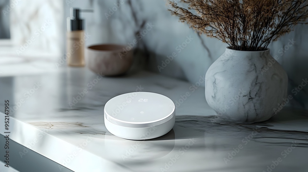 Poster closeup view of a modern minimalist smart skincare applicator with a digital interface resting on a 
