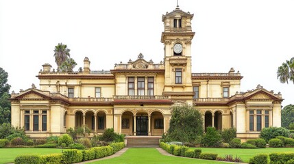Obraz premium A grand historical mansion with a clock tower and landscaped gardens.
