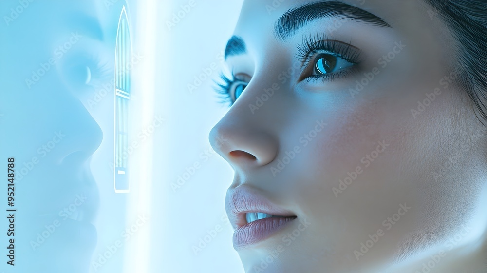 Poster futuristic digital mirror with embedded sensors and analytics displaying personalized skincare advic